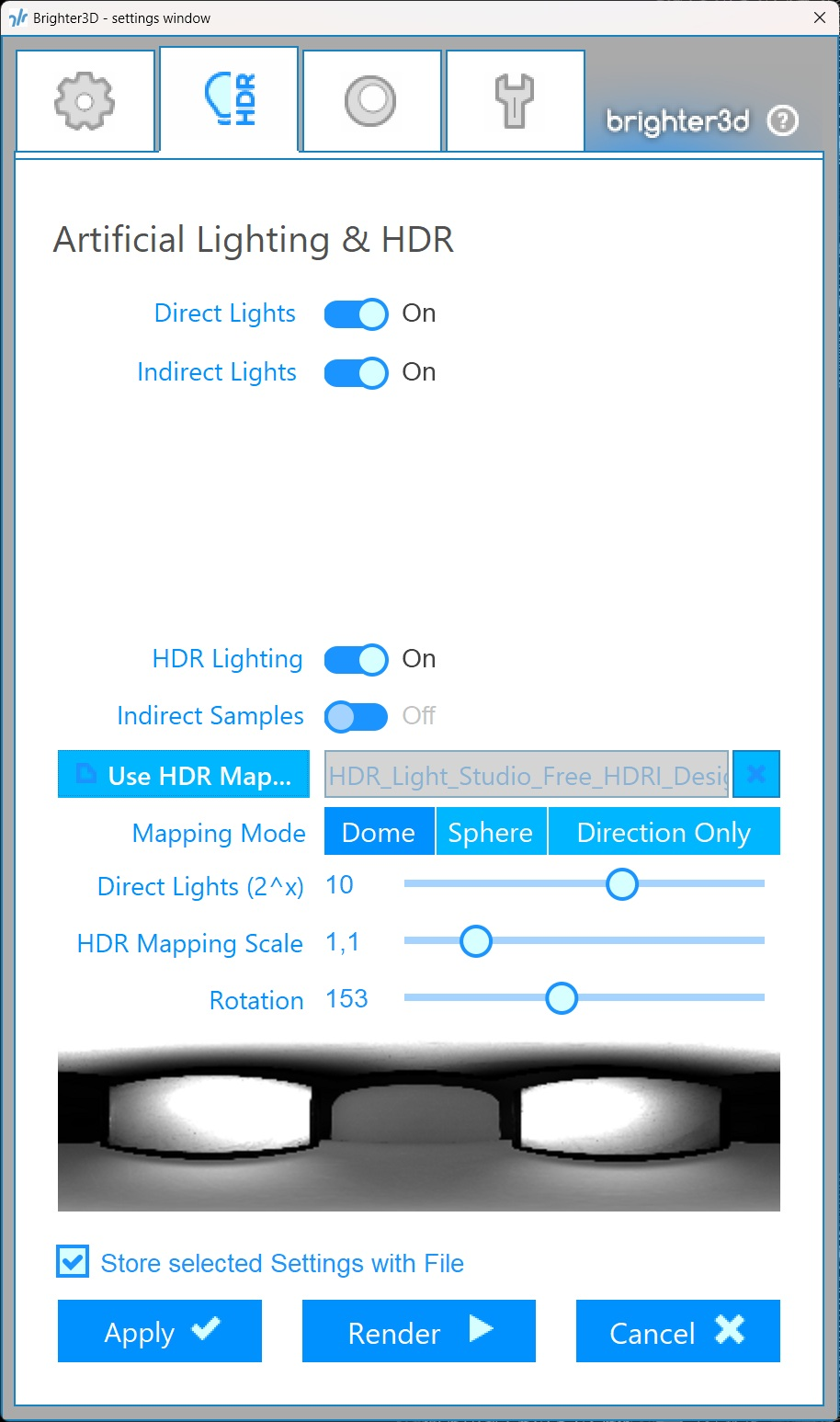 Artificial Lighting & HDR tab – Brighter3D settings
