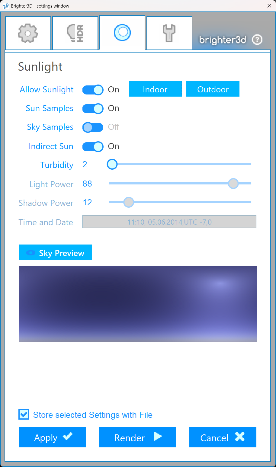 Sunlight tab – Brighter3D settings